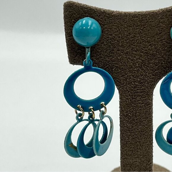 Vintage 1980s Blue Retro Dangle clip on metal Earrings - Picture 3 of 6